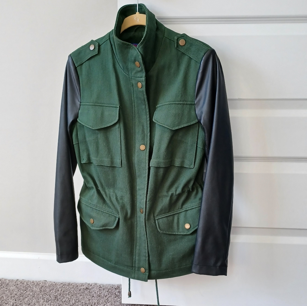 Twiggy LONDON twill jacket faux leather sleeves.